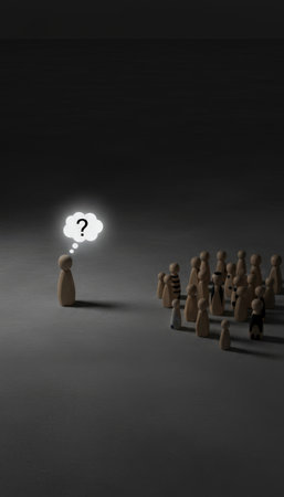 Distinct wooden peg figure under a spotlight with a question mark thought bubble, separated from a dark, unlit crowdsymbolizing individuality, doubt, and seeking answersの素材