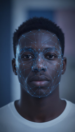 Young black mans profile overlaid with a blue digital mesh of interconnected points and nodes, illustrating face id, biometric authentication, ai driven identity and security systemsの素材