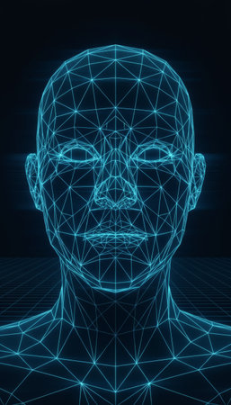 Human head rendered as glowing blue wireframe lines representing biometric identification, modern security systems, and artificial intelligence in digital technologyの素材