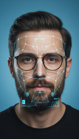 Man with glasses and a beard shows his face during a biometric scanning process, with illuminated digital data and a grid structure overlaying his features for identification and verificationの素材