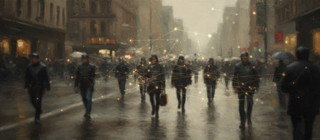 People walking on a busy city street, forming an intricate network of interconnected data points, visualizing concepts of technology, communication, and information flow in modern societyの素材