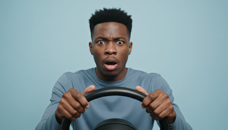 Young african american man holding a car steering wheel, expressing fear and shock, representing the challenging process of learning to drive and experiencing road anxietyの素材