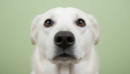 White dog with soulful dark brown eyes gazing calmly into the camera, showcasing soft cream fur and a loyal, gentle expression against a pastel green backgroundの素材