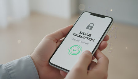 Person holding a mobile phone screen showing a secure transaction confirmation with a padlock icon, ensuring protected online payment and financial data privacy through advanced technologyの素材