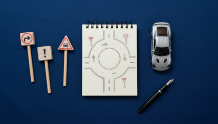 Top down view showing a white notebook with a roundabout diagram, miniature car, various road signs, and a fountain pen, representing the theory behind learning to driveの素材