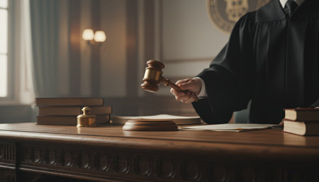 Judges hand holding a wooden gavel, bringing it down on a sound block to deliver a verdict on a courtroom desk, symbolizing legal authority, justice, and resolution of a caseの素材