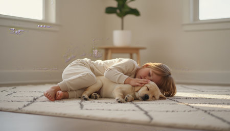 Child sleeping peacefully on a neutral colored rug, embracing a golden retriever puppy, showcasing an adorable bond of childhood innocence and loving pet companionshipの素材