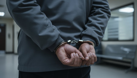 Suspect with hands cuffed behind back standing in a police station or interrogation room, representing concepts of arrest, crime, law enforcement, and justice systemの素材