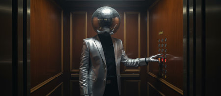 Person with a disco ball head and a silver suit standing in a classic wooden elevator, pressing a floor button to select a destination, embodying nightlife and a retro party moodの素材