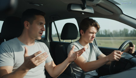 Father giving a driving lesson to his teenage son in a car, showing frustration while discussing and demonstrating, with the son feeling stressed and upset during the learning processの素材