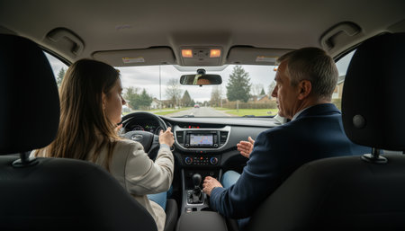 Young woman learner driving with male instructor beside her on a quiet residential street, focused on steering and road practice during a daytime driving lessonの素材