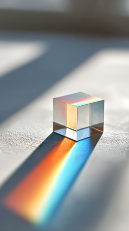 Crystal cube creates a vibrant rainbow spectrum on a textured surface, demonstrating the physical phenomenon of light refraction and dispersion in a scientific displayの素材