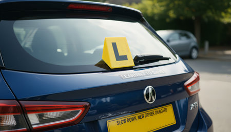 Blue hatchback with a prominent yellow l plate sticker and learning to drive text on the rear window, signaling a new driver practicing skills and gaining confidence on the roadの素材