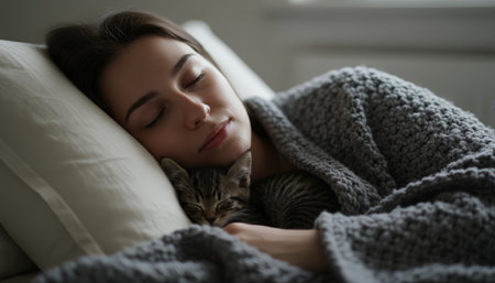 Woman and a small tabby kitten sleeping soundly in a bed, curled up under a warm, textured blanket, symbolizing comfort, love, and the special bond of pet ownershipの素材