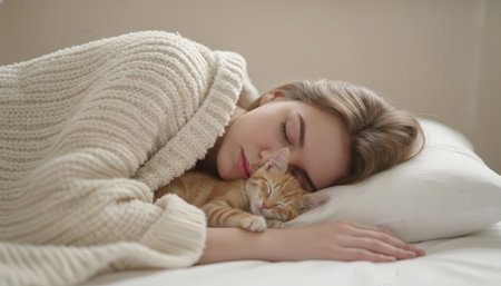 Young woman sleeping peacefully in a cozy bed, cuddling a fluffy ginger kitten against a white pillow and knitted blanket, serene domestic moment of warmth and companionshipの素材