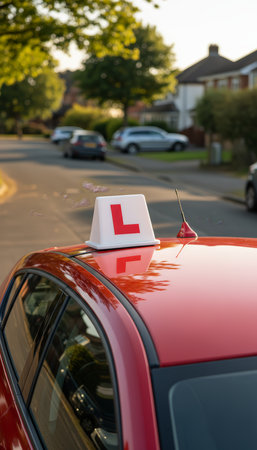 Red vehicle with a white l plate sign on its roof, indicating a student driver on a driving lesson, preparing for gaining a license on a residential streetの素材