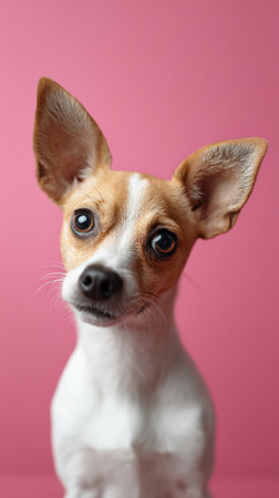Small brown and white dog with large alert ears and expressive eyes looking directly at the viewer, presenting a pure and innocent feeling against a vibrant pink backdropの素材