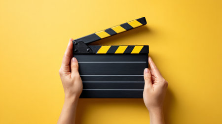 Human hands hold an open film clapperboard on a vivid yellow background, top view flat lay conveying filmmaking, video production, cinema and creative studio preparationの素材