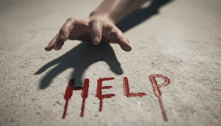 Victims hand reaching towards the word help written in blood on a concrete surface, symbolizing a desperate call for assistance amidst a dangerous or violent situationの素材