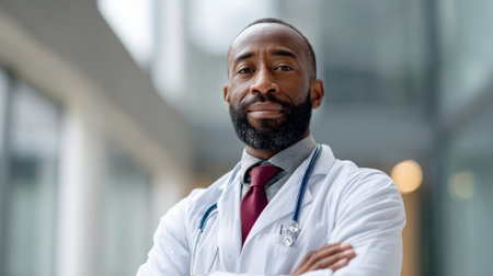 Professional african american male doctor standing in a modern clinic or hospital hallway, looking directly at the camera with a friendly smile, representing healthcare and medical expertiseの素材