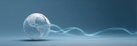 Wireframe earth globe demonstrating worldwide communication and digital technology, with light trails symbolizing abstract data flow and interconnectedness across the internetの素材