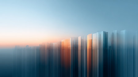 Abstract cityscape showing a futuristic skyline merging with a digital data visualization concept, featuring modern architecture reflecting a blue and orange gradient sky at dawnの素材