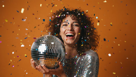 Happy young woman joyfully celebrating a festive moment, holding a retro disco ball while colorful confetti falls around her, creating a vibrant party atmosphereの素材