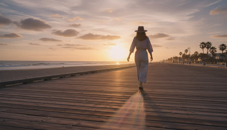 Woman in a trendy hat and flowing attire walking along a wooden boardwalk beside the ocean as the sun sets, creating a reflective golden hour glow and a nostalgic, retro atmosphereの素材