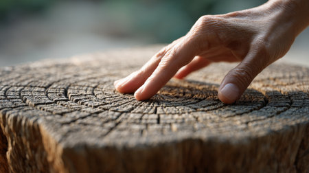 Human hand gently making contact with the weathered texture of an old tree stump, highlighting connection with nature, natural materials, and the passage of timeの素材