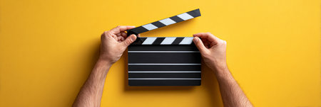Persons hands holding a black and white clapperboard open, signifying the start of a movie or video production on a vibrant yellow background from a top down viewの素材