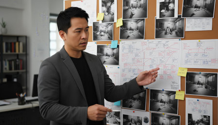 Man in suit presenting a detailed criminal investigation board with photos, notes, flowcharts and evidence, focused on solving a murder case in a professional law enforcement settingの素材