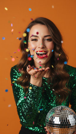Smiling woman dressed in a green sequin shirt, holding a disco ball and blowing colorful confetti, celebrating a festive and fun event with happy energyの素材