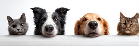 Group of domestic pets, including cats and dogs, peeking over a white surface, creating a friendly and curious animal companionship scene on a clean backgroundの素材