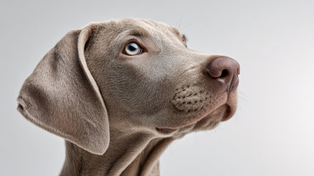 Weimaraner dog puppy headshot, featuring a close up profile view of its beautiful grey coat and light eyes against a clean white background, creating an emotional and appealing pet portraitの素材
