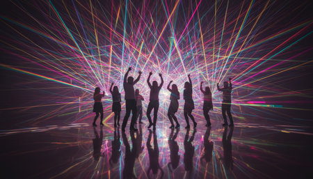 Silhouettes of people enthusiastically dancing and celebrating on a reflective floor, illuminated by vibrant, abstract laser light streaks, creating a retro disco atmosphere and energyの素材