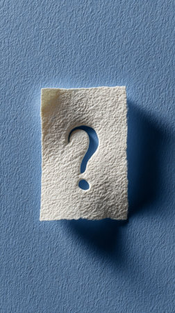 Paper sheet with a question mark cutout lying on a textured blue surface, creating a shadow and symbolizing doubt, asking, enigma, unknown, decision, and solutionの素材