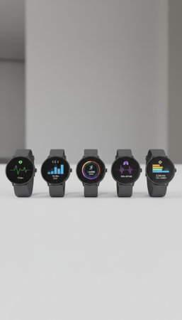Five smartwatches are tracking and displaying various health metrics like heart rate, sleep patterns, daily activity, oxygen saturation, and calorie burn, representing modern wearable technologyの素材