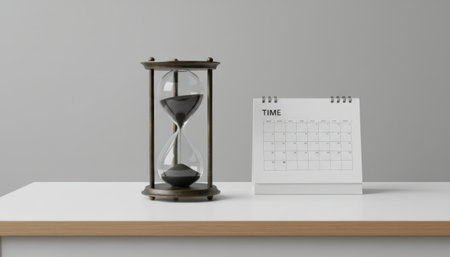 Hourglass and desk calendar on a white table symbolizing time passing, scheduling, and deadlines, representing important concepts related to business management and planningの素材