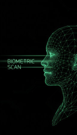 Biometric scan technology identifying a human face wireframe, representing secure data access and advanced digital identity verification for personal authentication and security systemsの素材