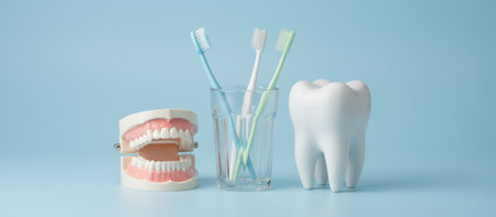 Dental jaw model and a large molar displaying the importance of oral hygiene, accompanied by three toothbrushes in a glass against a clear blue background, promoting daily dental careの素材