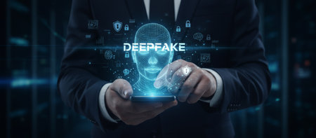 Businessman holding a smartphone with a deepfake hologram of a human face appearing above. Surrounded by data protection. Cybersecurity. And artificial intelligence icons in a digital dark backgroundの素材