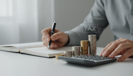 Mans hands working on a calculator with stacked coins, symbolizing tax calculations, financial planning, budget management, and accounting responsibilities while writing notesの素材