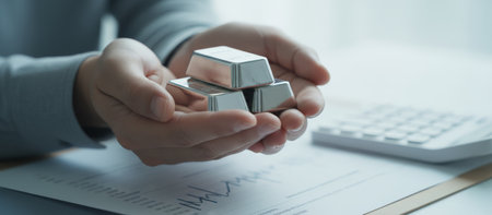 Persons hands carefully holding three polished silver bullion bars, symbolizing wealth, financial investment, precious metal commodities, and savings planning on a deskの素材