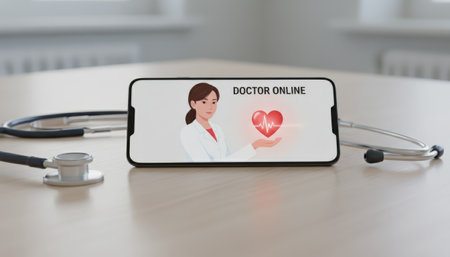 Smartphone displaying a female doctor on screen holding a heart with an ecg waveform, symbolizing digital health services and remote medical consultations with a stethoscope nearbyの素材