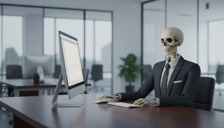 Skeleton businessman slumped at a modern office desk, hands on keyboard and mouse, a surreal metaphor for burnout, overwork and exhaustion in corporate cultureの素材
