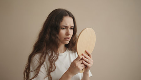 Young woman in a plain studio holds a small wooden mirror, studying her reflection with a worried, dissatisfied expression that reveals insecurity and low self esteemの素材