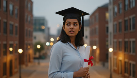 Recent female graduate holding a rolled diploma tied with red ribbon, gazing into the city at dusk with a pensive expression, contemplating career choices and new beginningsの素材