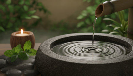 Water gently flowing from a bamboo spout into a dark stone bowl with rippling reflections. Surrounded by smooth pebbles. Fresh mint leaves. And a flickering candle. Creating a peaceful spa atmosphereの素材