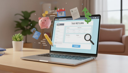 Laptop displaying a tax return form, surrounded by floating icons symbolizing financial management, deadlines, savings, and accounting, all set on a home office deskの素材