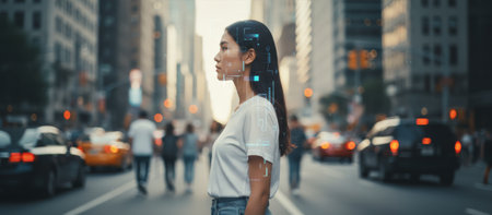 Young woman on a busy city street scanned by digital facial recognition elements, illustrating ai driven surveillance, biometric id, data scanning and privacy concerns in urban lifeの素材